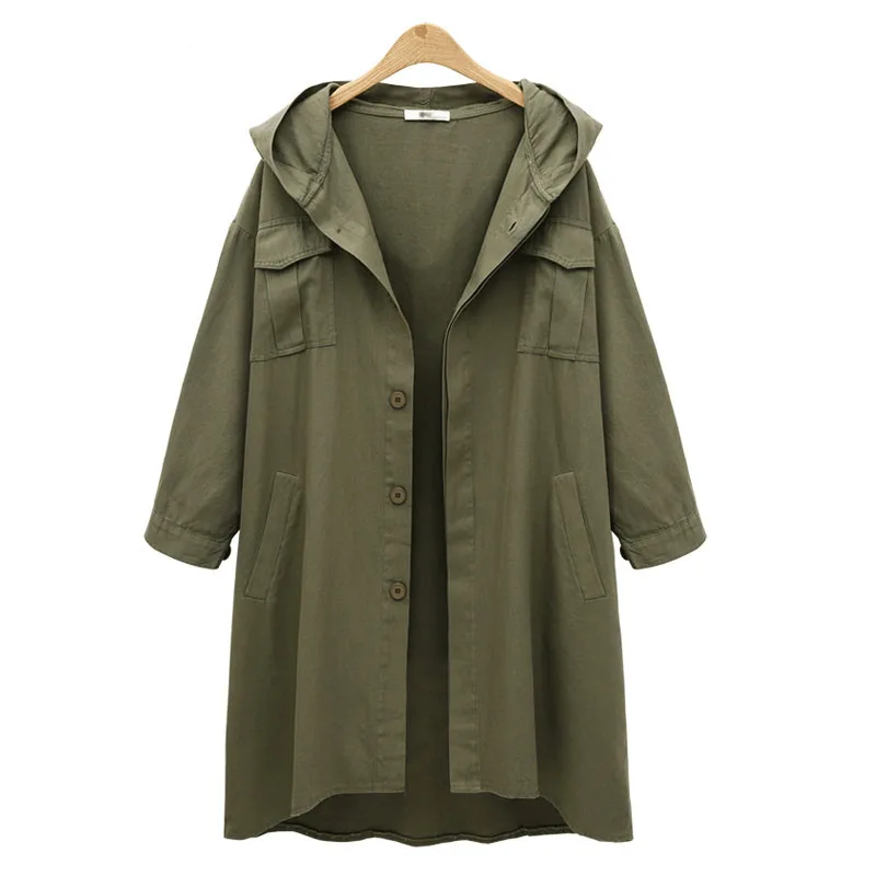 New Europe Autumn Long Women Coat Hooded Single Breasted Army Green