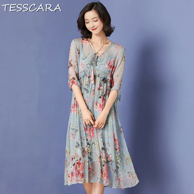 

TESSCARA Women Summer Elegant Floral Chiffon Dress Festa Female Casual Office Robe Femme Vintage Designer Vestido Retro Sundress