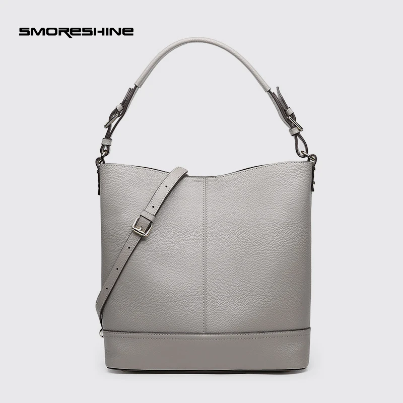 

SMORESHINE High grade Genuine leather women Bucket shoulder bag female cow leather design Messenger bags women's handbags 2sets