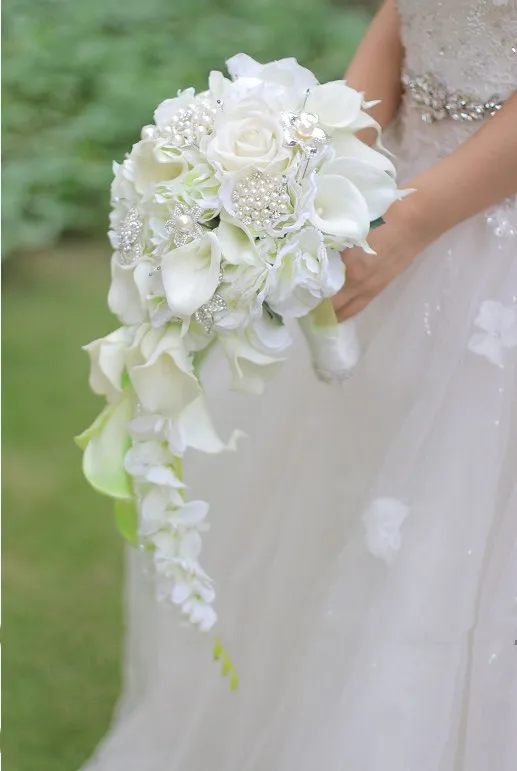 Waterfall Red Wedding Flowers Bridal Bouquets - JaneVini Artificial Pearls Crystal Bouquets image 4