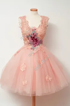 

Pink Champagne Short Evening Dresses 2018 Lace Applique Custom Made Party Dress Latest Gown Design Cheap vestido de festa