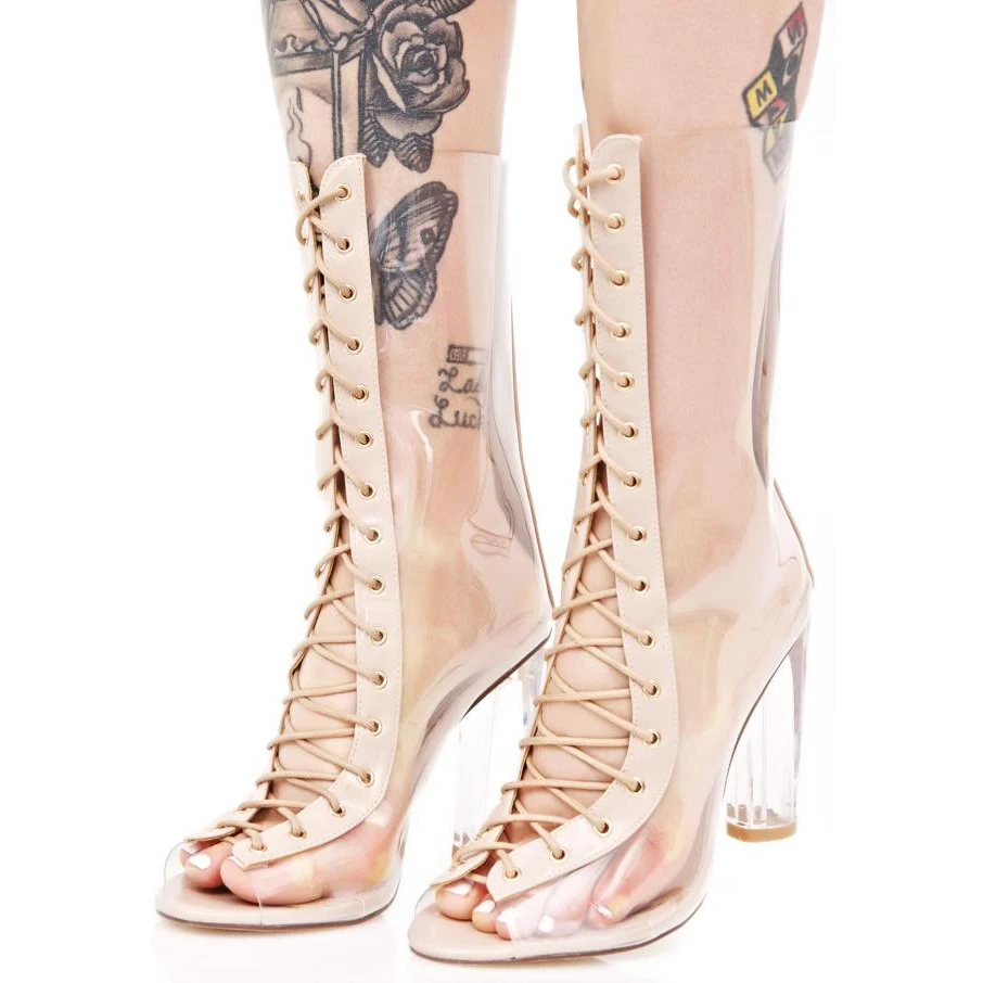 

Eunice Choo Sexy Clear Perspex Mid Calf Boots Cross-tied Crystal Heels PVC Peep Toe Booties Fashion Runway Lace Up Women Shoes