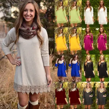 

New Women Long Sleeve Solid Cotton Lace Casual Party Tunic Top Blouse