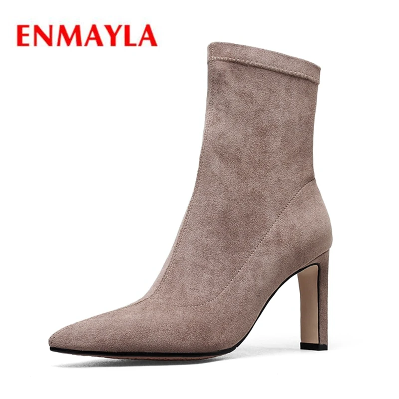 

ENMAYLA Lady fashion pointed toe high heel slip-on ankle boots women solid thin heel botas mujer Size 34-39 ZYL1217