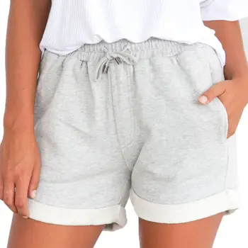 

Womens Summer High Waist Drawstring Cuffed Shorts Solid Color Rolled Hem Beach Sport Casual Lounge Activewear With Pockets