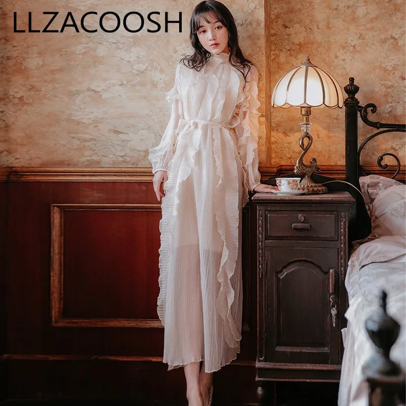 

New fashion 2019 high quality runway dress long sleeve white ruffles pleated party dress long cute dresses vestidos