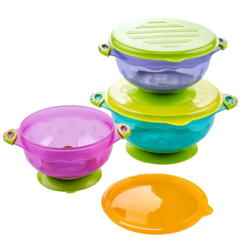 

3Pcs Anti Slip Suction Babies Food Plate Lid Bowl Set Toddlers Kids Feeding Tray Non-odor Easy Clean Good Seal Portable Tool