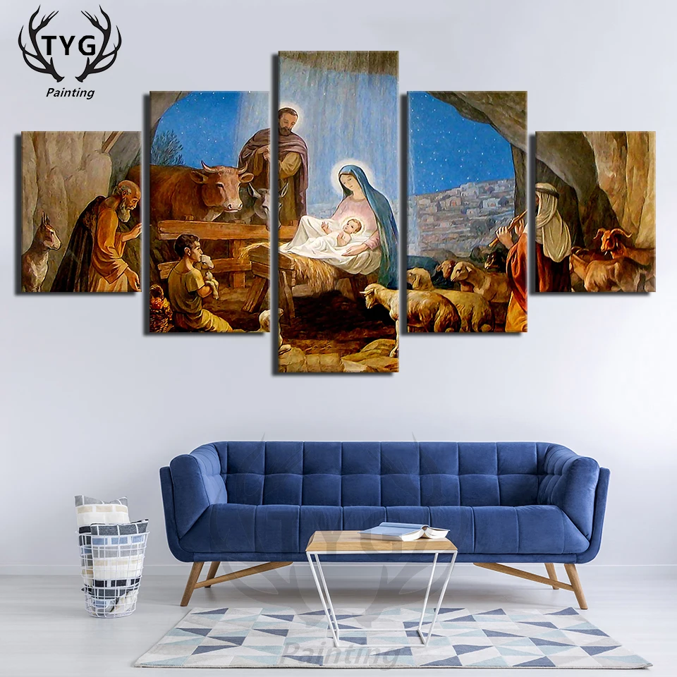 HD Prints Wall Art 5 Pieces Birth Christian Jesus Canvas Paintings Pictures Frameworks Home Decor For Living Room Poster TYG | Дом и сад