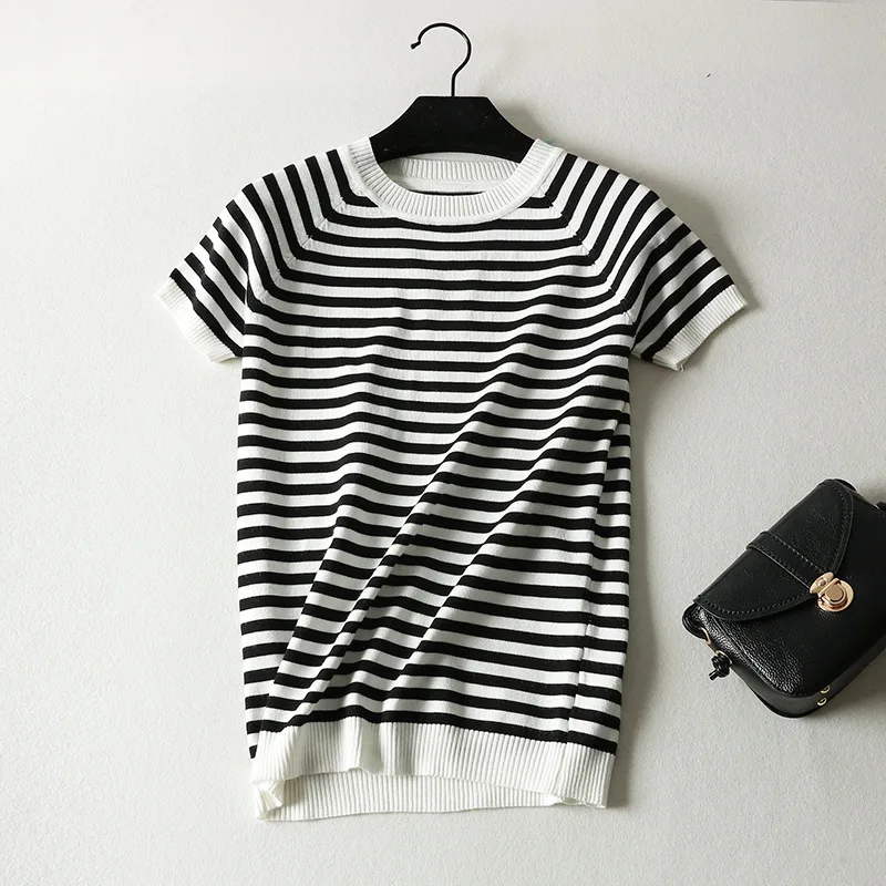 Летняя трикотажная полосатая футболка Корейская футболка с коротким рукавом школьные милые топы Harajuku уличная женская одежда - Цвет: White collar stripes