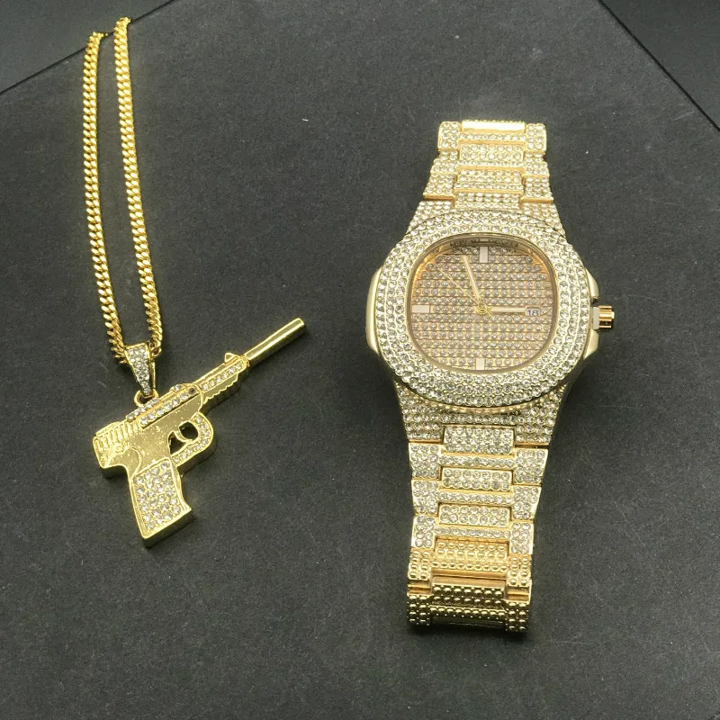 Набор для мужчин в стиле хип-хоп: часы с бриллиантами и ожерелье, золото, серебро, хип-хоп, ледяная кубинская цепь AK47, подвеска w/2", набор для ожерелья с цепочкой в коробке - Цвет: set100