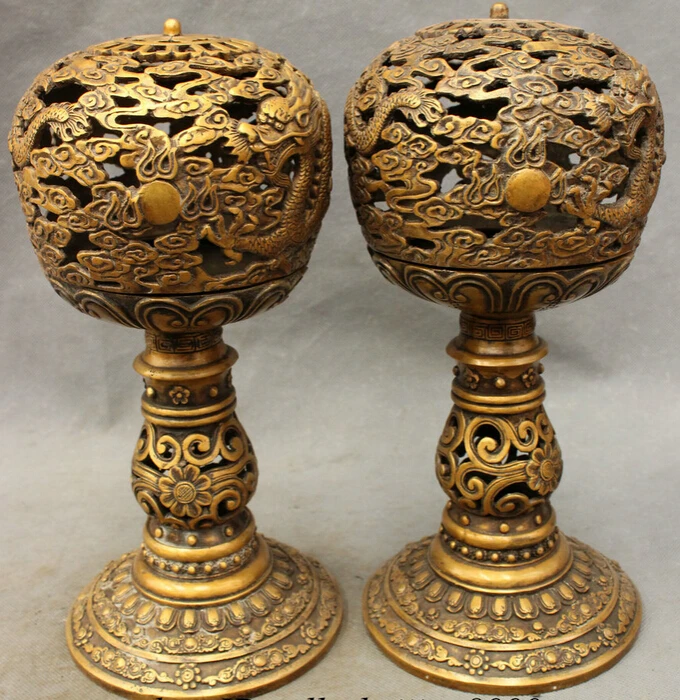 

JP S0606 Chinese Bronze Palace Dragon FengShui Ball Statue Incense Burner Censer Pair