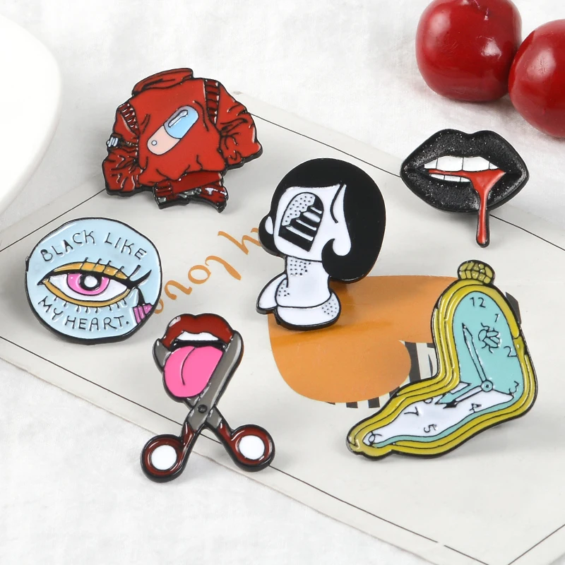 

Lips Coat Alarm Cock Tongue Eyeliner Brooches and Pins Cartoon Daily Life Brooch Enamel Pin Backpack Shirt Lapel Pin Gift Girl