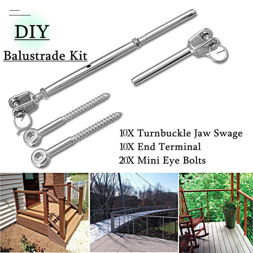 

10pcs End screw connectors Balustrade Set Stainless Steel Wire Rope DIY Swage Fork Turnbuckle tool part kits