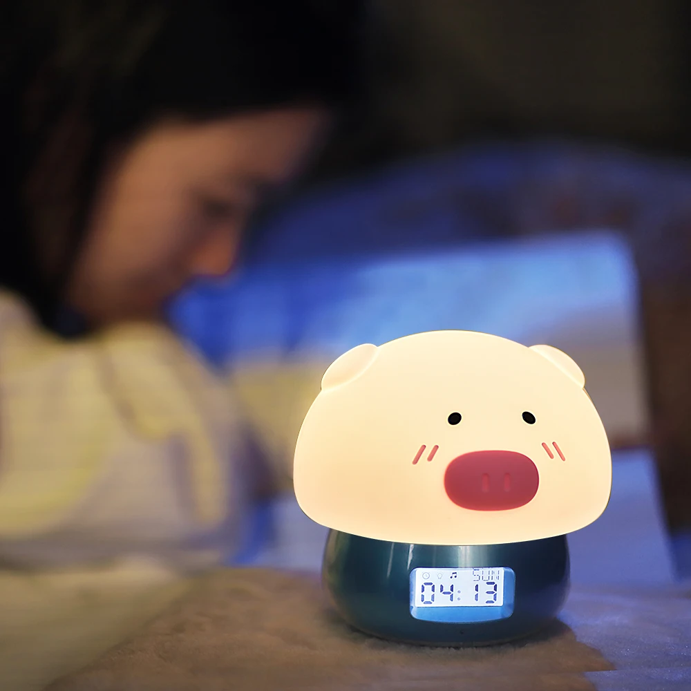 3 in 1 Pig LED Night Light with Alarm Clock Recorder Remote Touch Sensor Colorful USB Silicone Children Kids Baby Bedside Lamp (15)