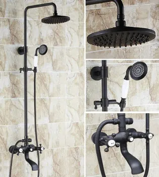 

Black Oil Rubbed Brass Dual Cross Handles Bathroom 8 Inch Round Rain Shower Faucet Set Bath Tub Mixer Tap Hand Shower mhg106