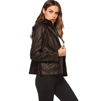 

Fashion brand short style velvet lining inside warm pu leather jackets female elegant brown long sleeve leather jacket wq671