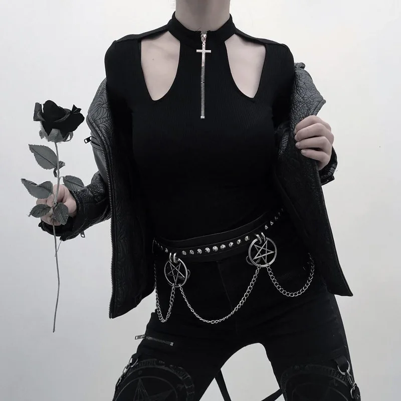

Dark Fashion T-Shirts Women Punk Street Hip-Hop Collar Off-Shoulder Zipper Long-Sleeved Pastel Goth Tops Tee Female 1213-42