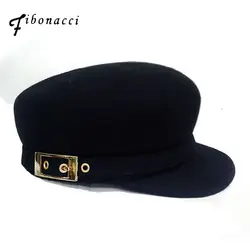 Фибоначчи fedoras Высокое качество Мода Шерсть фетр металлическая цепь украшения черная шляпа для женщин fedora плоский верх Конный кепки