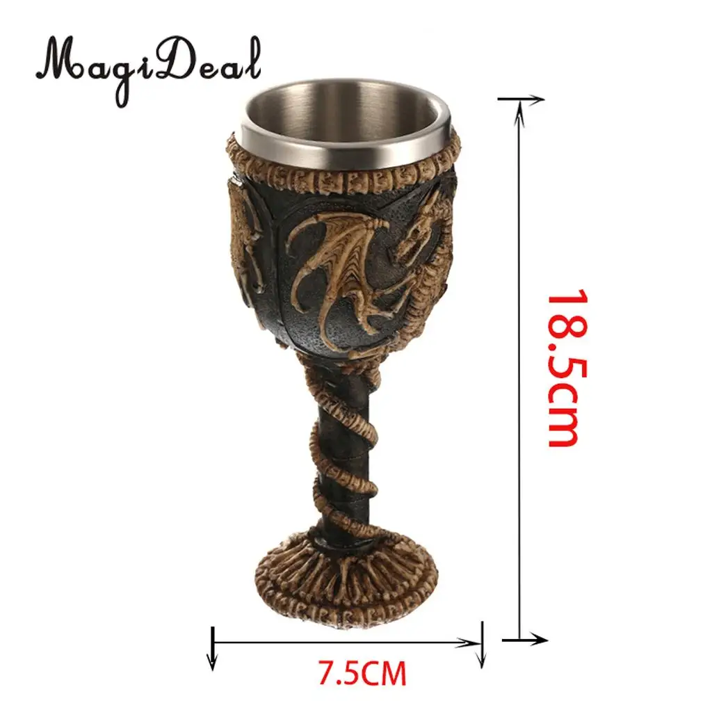 MagiDeal Practical Gothic Double Wall Resin Stainless Steel Dragon Wine Goblet Steampunk Collectible Decorative Craft Gift Cup