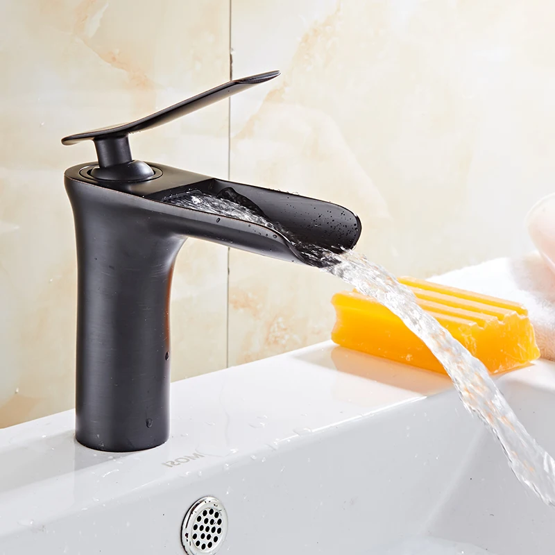 Basin Faucet Waterfall Brass Bathroom Sink Faucet Single Handle Basin Mixer Tap Modern Bath Antique Hot and Cold Water Tap Black