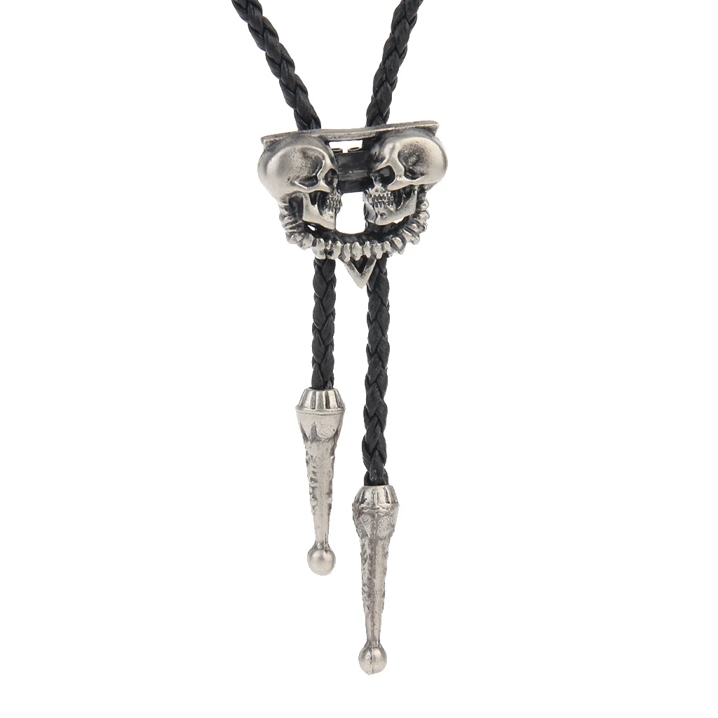 Western Cowboy American Skull Head Bolo Bola Tie Long Leather Necklace Men's Dancewear Accessories