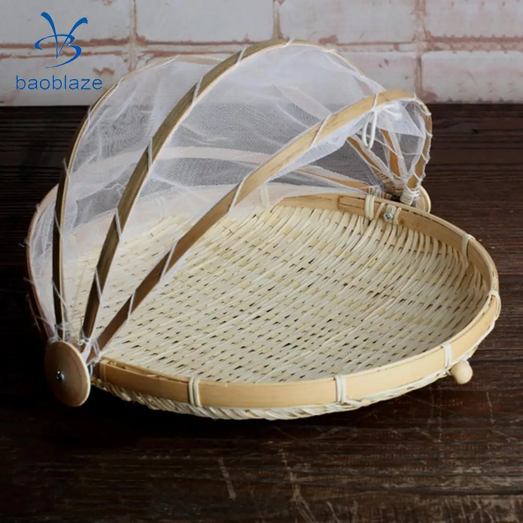 2xBamboo Tent Basket Serving Food Outdoor Picnic Pop Up Mesh Net Cover Round