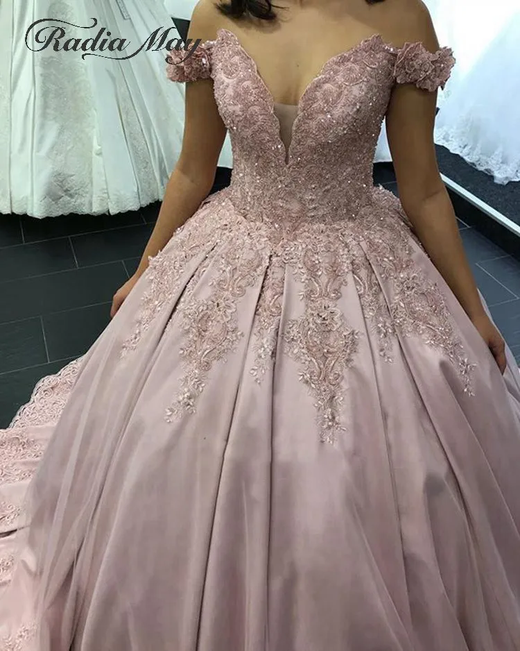 Элегантное платье с открытыми плечами розовые платья Quinceanera бальное платье атласные аппликации сладкий 16 платья 15 День рождения Бальные платья