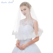 Сапфир люкс настоящая фотография 1 Слои кружевной каймой Одежда высшего качества свадебная фата Белый Кот Фата нет расческа