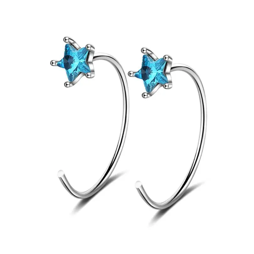 

Blue Crystal Stars Round Ear Hook Earrings For Women Trend Creative 925 Sterling Silver Party Gift Jewelry Accessories SAE366