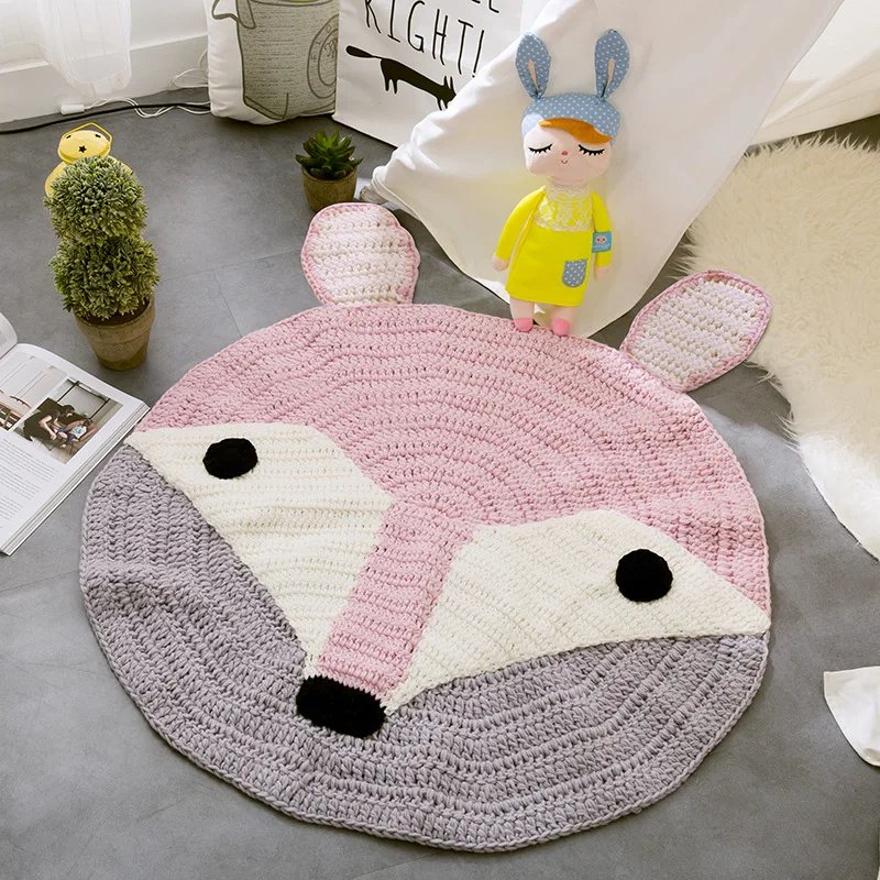 

Lovely Cartoon Animals Knitted Rug 80cm Circular Nordic Style Handmade Floor Carpet Kids Baby Game Mat Living Room Bedroom Rugs