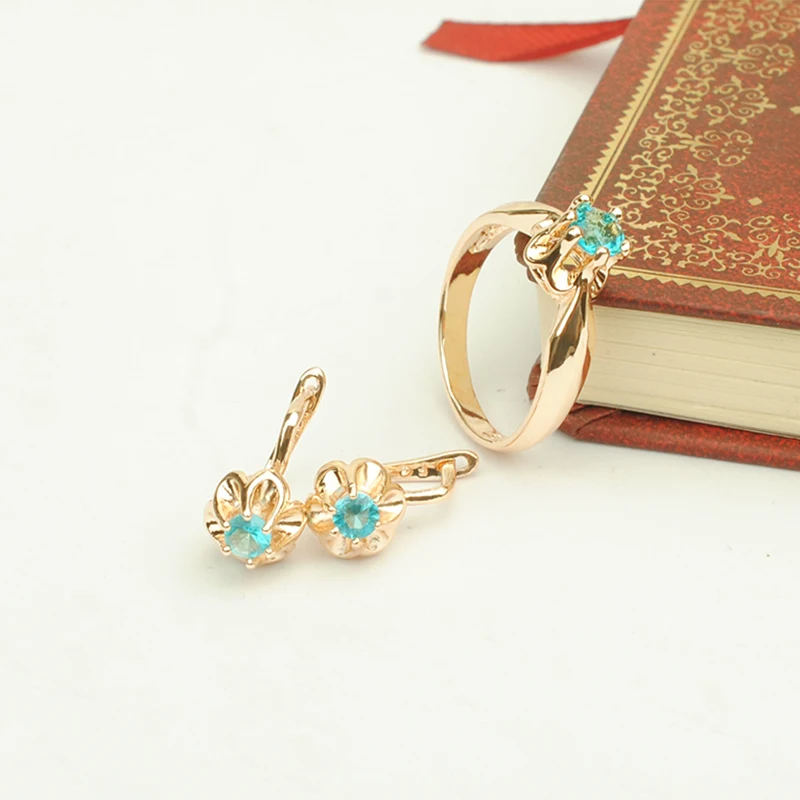 

2017 New Fashion Round Rose Gold Color Jewelry Sets Cute Light Blue Cubic Zircon Women Earring +Rings Jewelry Sets