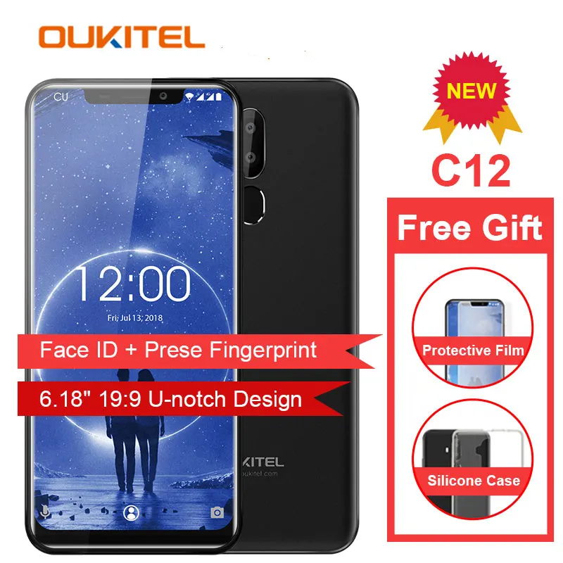 OUKITEL C12 Face ID 6,1" 19:9 смартфон с отпечатком пальца Android 8,1 мобильный телефон MTK6580 четырехъядерный 2 Гб ОЗУ 16 Гб ПЗУ 3300 мАч разблокировка