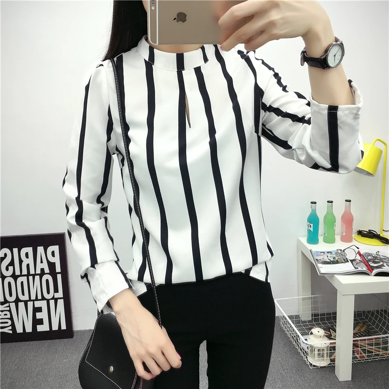 Женская блузка с длинным рукавом круглым вырезом и полосками|women blouses|blouses plusblouse