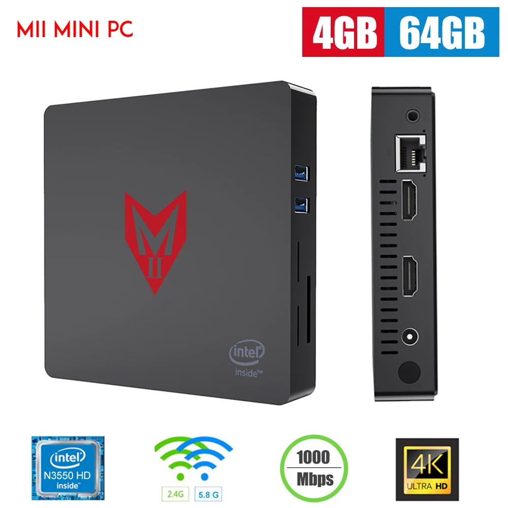 MII Mini PC Windows 10 Intel Apollo Lake N3350 Gráficos HD 4 GB LPDDR4 64 GB ROM 2,4G 5,8G WiFi 1000 Mbps USB3.0 BT4.0 reproductor de medios