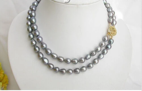 

Genuine 2row rice Gray freshwater pearl necklace Noble style Natural Fine jewe FREE SHIPPING