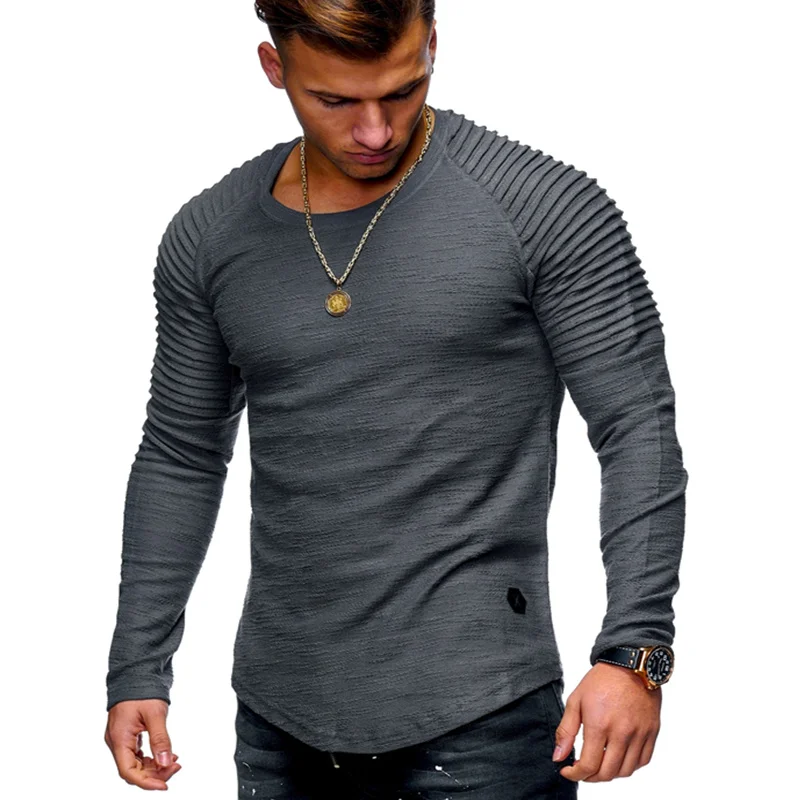 Новая модная однотонная мужская футболка, мужская, с короткими рукавами, в полоску, складка, приталенная, хипстерская, Повседневная футболка мужская, топы, футболки - Цвет: long  gray
