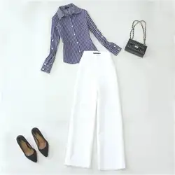 Модный Полосатый костюм женский летний новый синий белый классический полосатый хлопок рубашка + белый с высокой талией широкие брюки