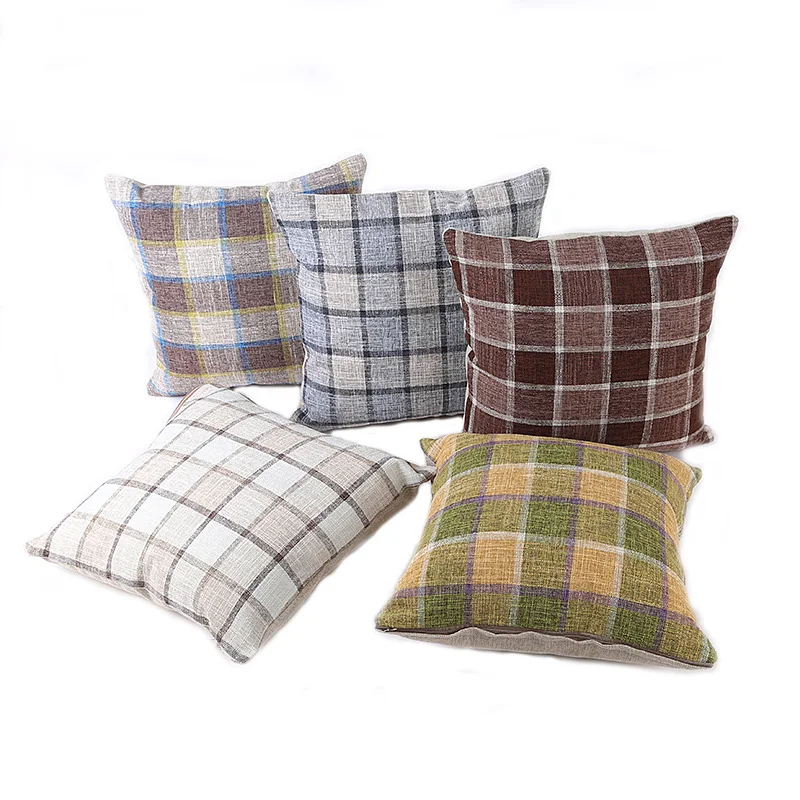 

Linen Brown Plaid Check Pillowcase Multi-Color Geometry Design Travel Cushion Cover Super Soft Home Decorative Pillow Cover