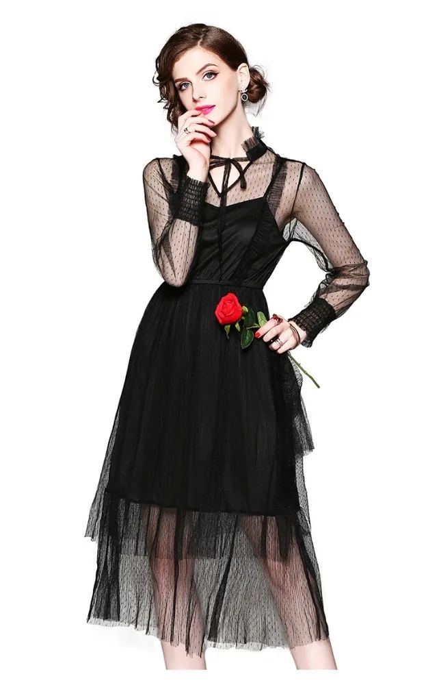 Sexy Zomer Jurk Gauze Tulle Dot Embroidery Dress Long Sleeve Summer