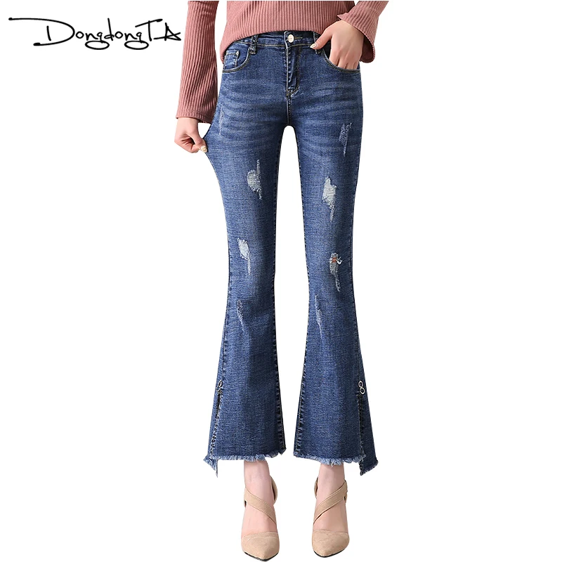 Летние расклешенные женские джинсы DONGDONGTA Новинка 2019 года ботильоны Длина женские с высокой талией джинсы для женщин джинсовые однотонные