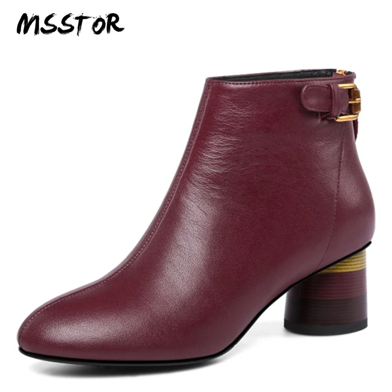 

MSSTOR Buckle Strap Women Boots 2018 Round Heels Autumn Sewing Round Toe Elegant High Heels Boots Women Mixed Colors Women Pumps