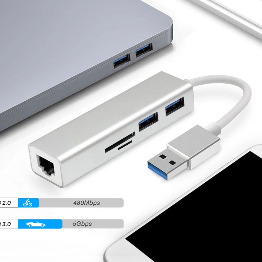

HUB Splitter with 2 USB 3.0 Port USB3.0 to RJ45 Gigabit Ethernet Network Adapter LAN Port SD/TF Card Reader & RJ45 Hub Converter