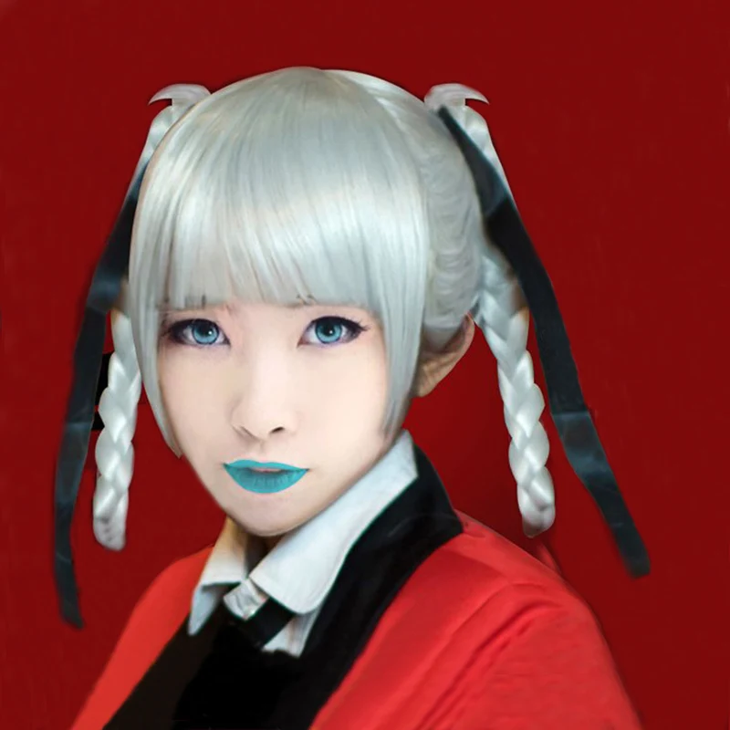 

Kakegurui Momobami Kirari Short Green Gray Hair Heat Resistant Cosplay Costume Wig + Braided Hair + Silk Ribbon + Wig Cap