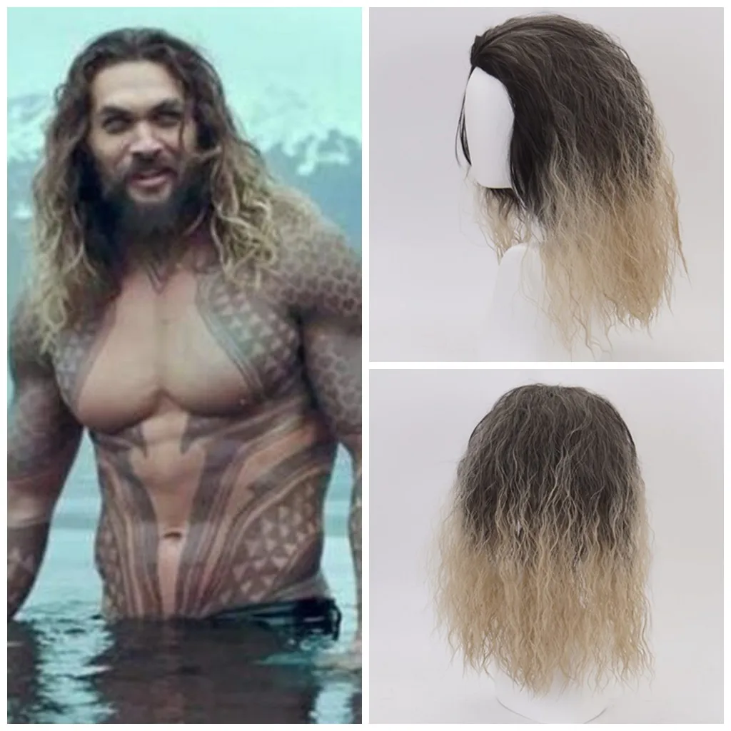 2018 Justice League Cosplay Aquaman Wigs Brown Curly Wave Wig Halloween Props 