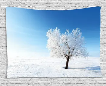 

Winter Decorations Tapestry Single Tree on Snow Cover Field with Vibrant Sky Blizzard Frozen Concept, Wall Hanging for Bedroom