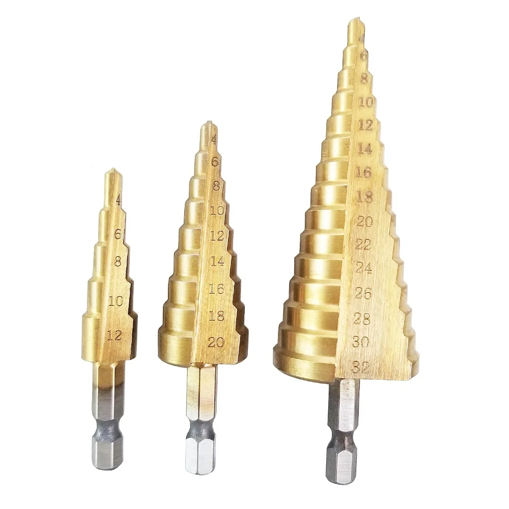 

3 Pcs Hex Shank 4-12mm/20mm/32mm HSS Taper drill bits Titanium Coated Hole Cutter Step Drill Bit Set