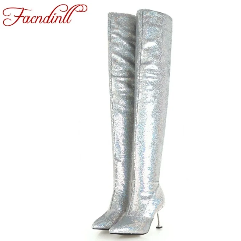 

brand shoes bling sequined cloth black shoes woman over the knee high boots sexy pointed toe high heel autumn winter boots women