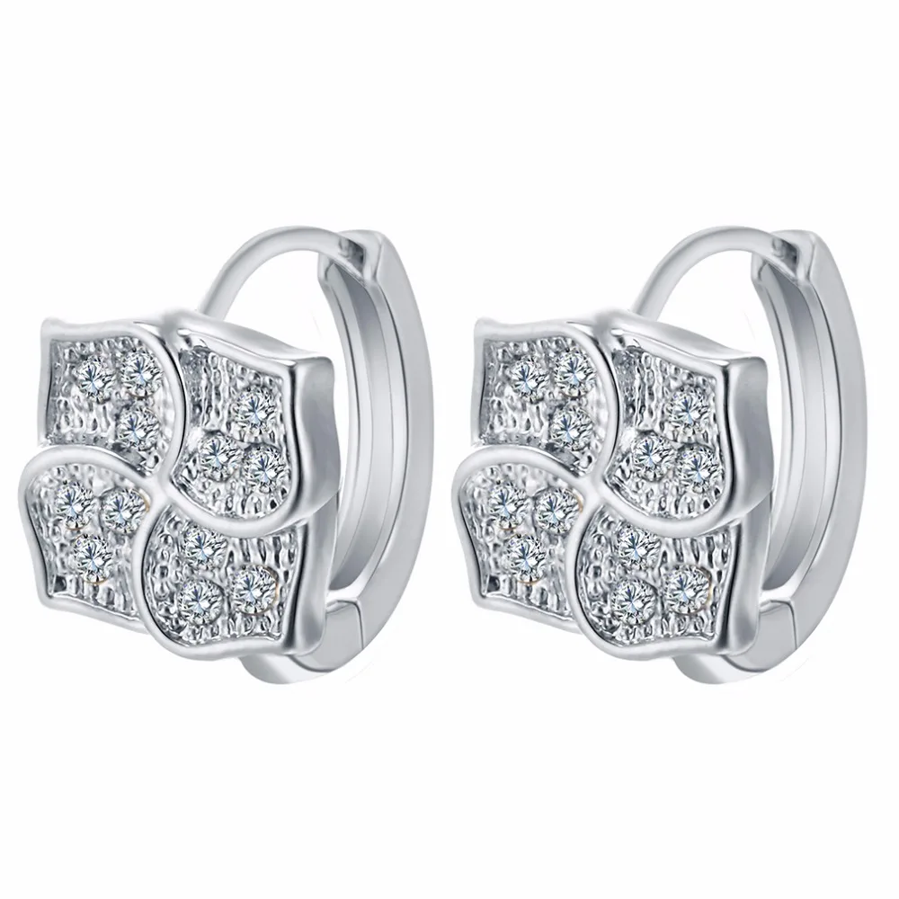 1Pair  Luxury Four Leaf Pave Cut Cubic Zirconia Stone Cluster Flower Hoop Earring For Women Birthday Bijouterie