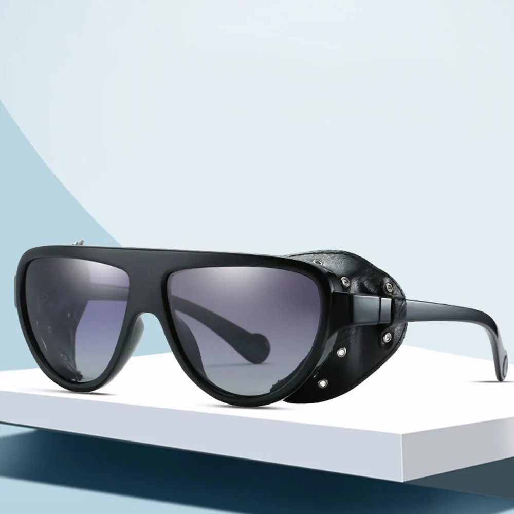 

2019 New Arrival Classic Retro Punk Style Men Polarized Steampunk Sunglasses Leather Side Shield Male UV400 Sun Glasses PL1148