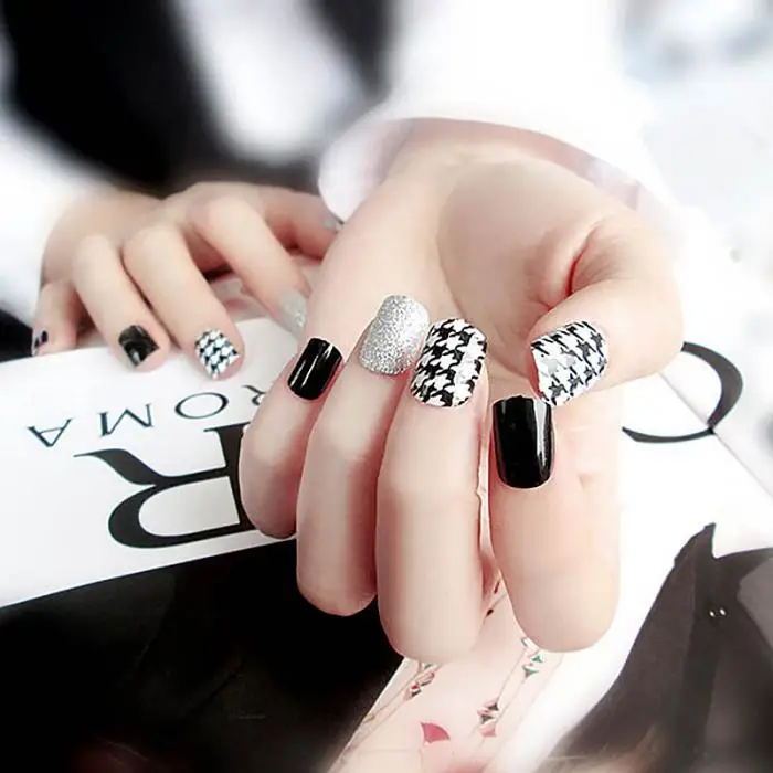 Прозрачные накладные ногти с клеем для женщин блестящая черная белая блесточка дизайн кончики для ногтей короткие накладные ногти украшения для ногтей